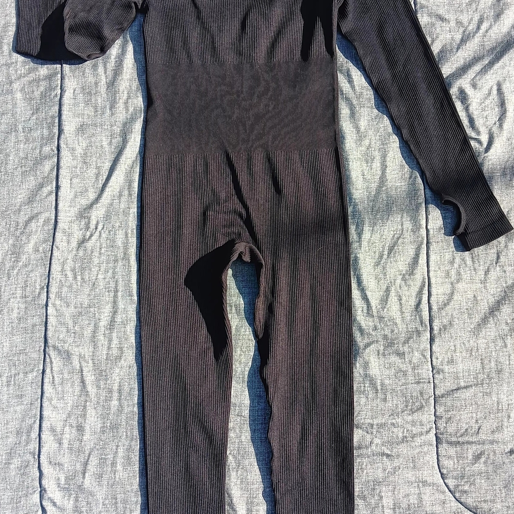 Black Ribbed Long Sleeve Jumpsuit